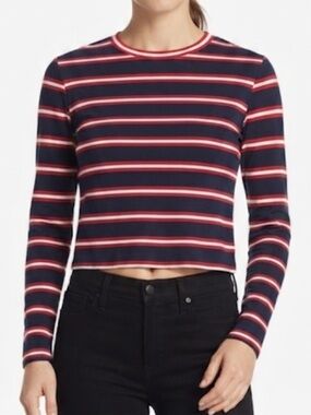 HALOGEN Striped Cropped Top Americana Patriotic Long Sleeve XS Petite NWOT